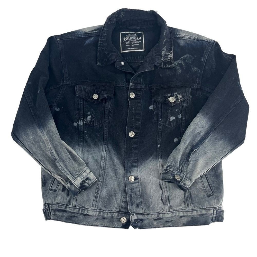 YoungLA Jean Jacket Mens Large Black White Acid Wash Trucker Denim Gym Casual